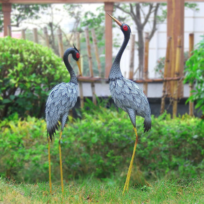 Crane Statue Garden Décor, Metal Heron Statue Yard Art for Outdoor Patio Lawn Backyard Pool Front Porch Deocr, Bird Garden Sculpture & Statues, Set of 2, Black and White
