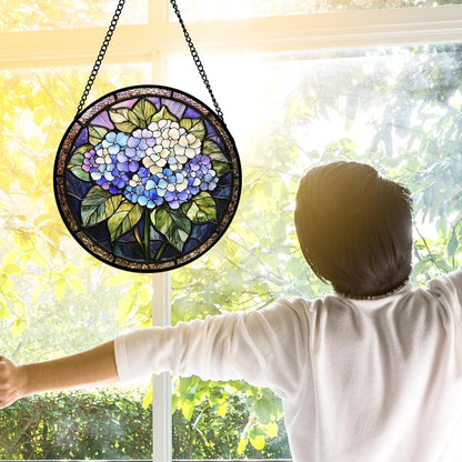 Stained Glass Window Hanging, Hydrangea Flowers Sun Catchers Diamond Glass Panel Hangings Plant Suncatcher Decor for Birthday for Women, Men, Wife, Aunt, and Mom 9.8 in