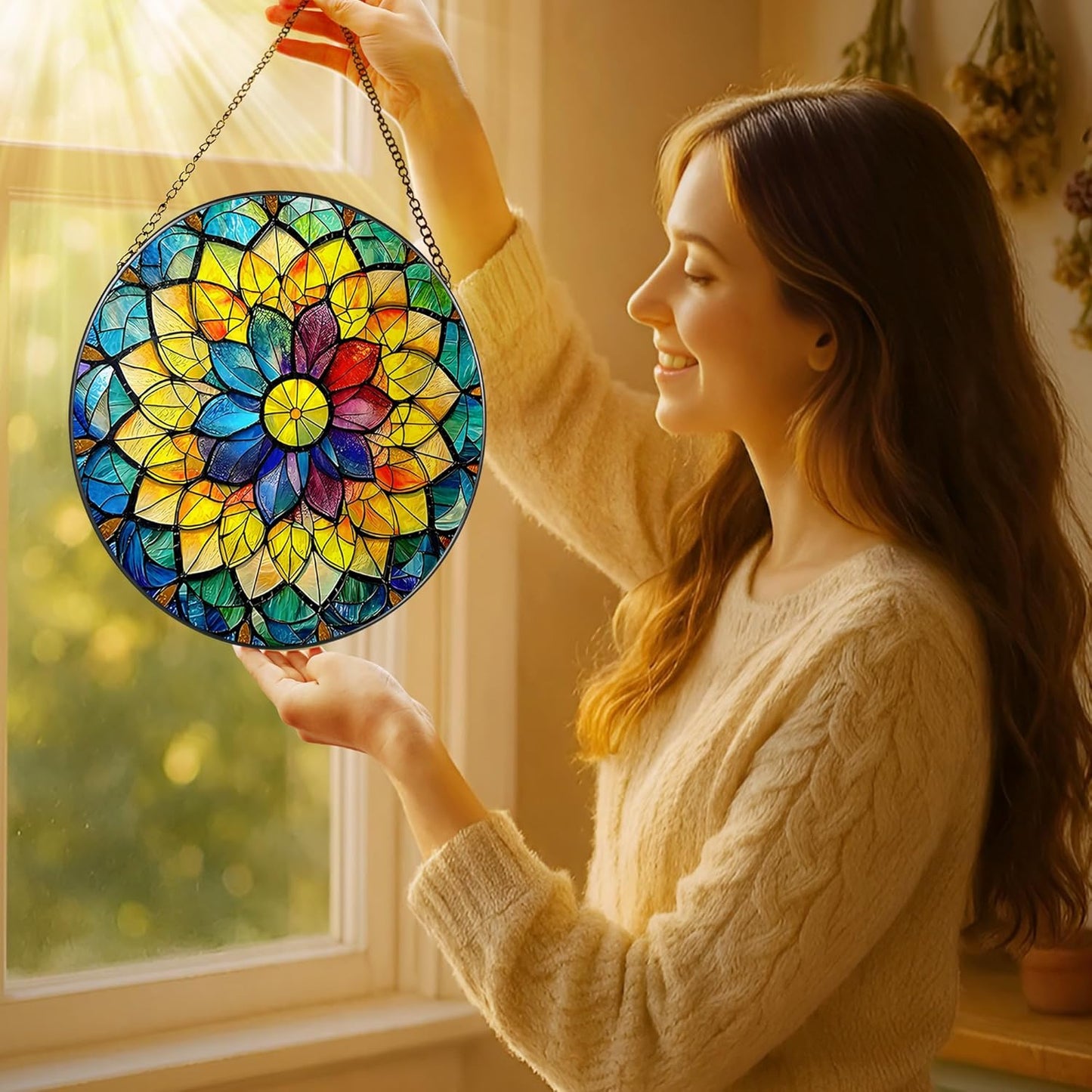 8'' Rainbow Mandala Sun Catcher Ornament, Stained Glass Window Hanging, Sun Catchers for Windows Hanging Ornaments, Window Decor, Ideal Gift | Colorful Spiritual Gifts for Her