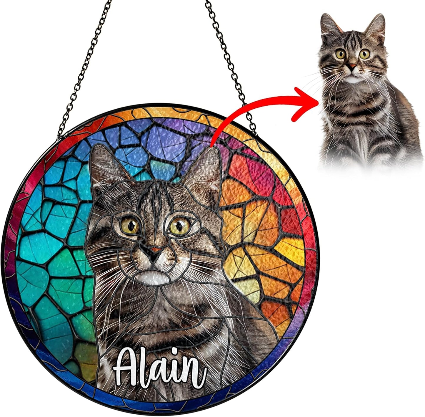 Personalized Pet Stained Glass Suncatcher Custom Name Pet Photo Ornament Window Hanging Home Decor Sympathy Gift for Loss of Pet Dog Cat Memorial Keepsake Remembrance Gift for Dog Lovers
