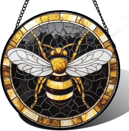 Stained Glass Window Hanging - Black Gold Bee White Wings Sun Catcher for Door Home Decor Insect Suncatcher Christmas Mother's Day Birthday Gifts for Women Men Lovers Mom Nana 6.3 in