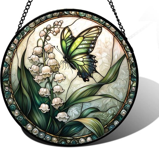Stained Glass Window Hanging, Lily of The Valley Flower Butterfly Suncatcher for Doors Home Sun