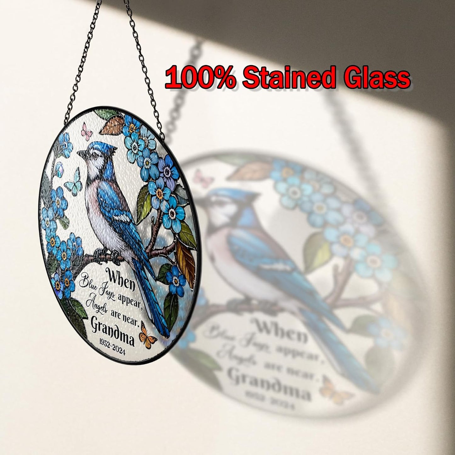 Custom Blue Jay Bird Stained Glass Sun Catcher Loving Memorial, Personalized Name, Dates & Quote, Bereavement Gift for Family, Friends, Handmade Hanging Ornament for Bird Lovers