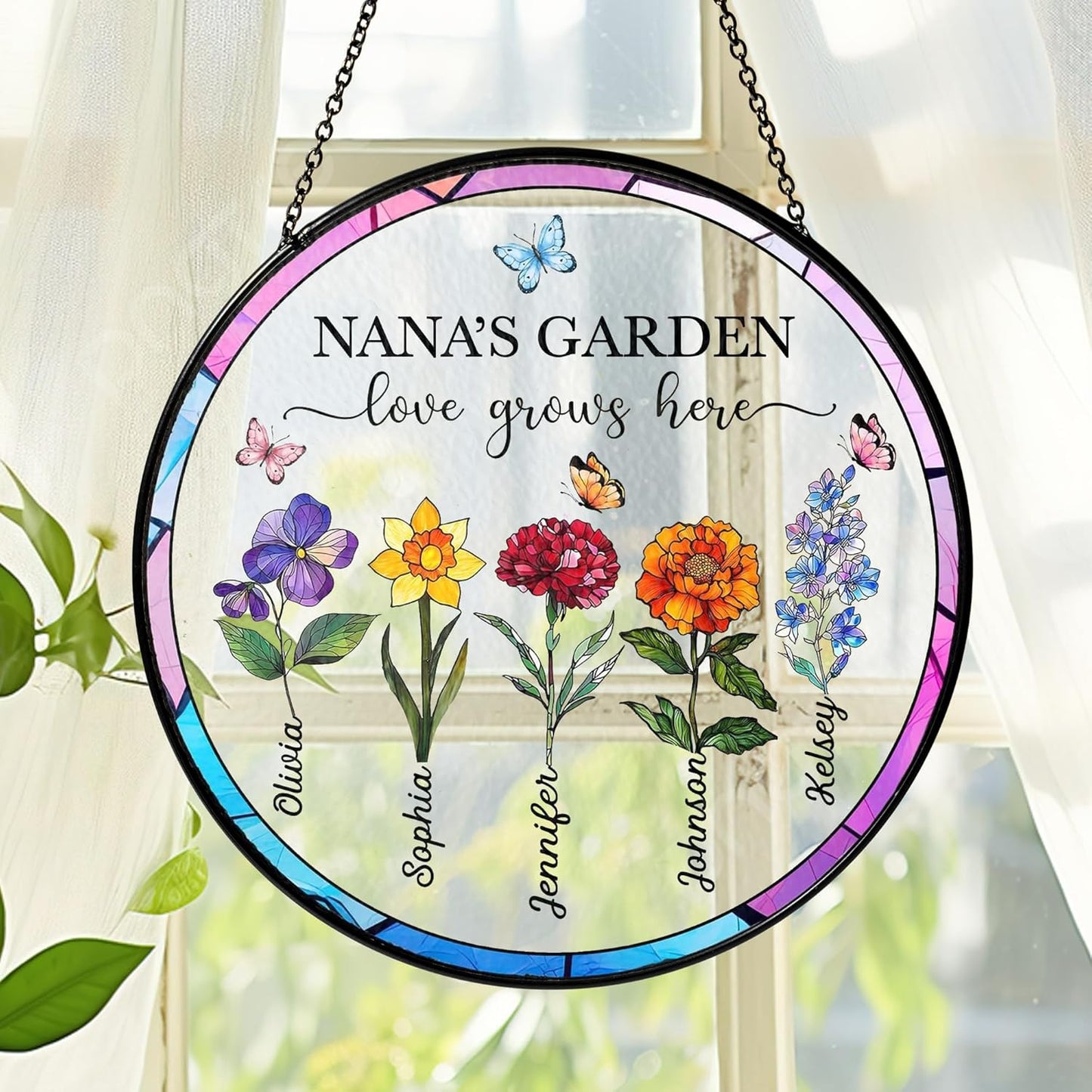 NAZENTI Personalized Grandmas Garden Stained Glass Suncatcher with Birth Month Flowers, Custom Mom's Garden Window Hanging Ornament, Mothers Day Grandma Mom Gifts, Gifts for Nana Mimi