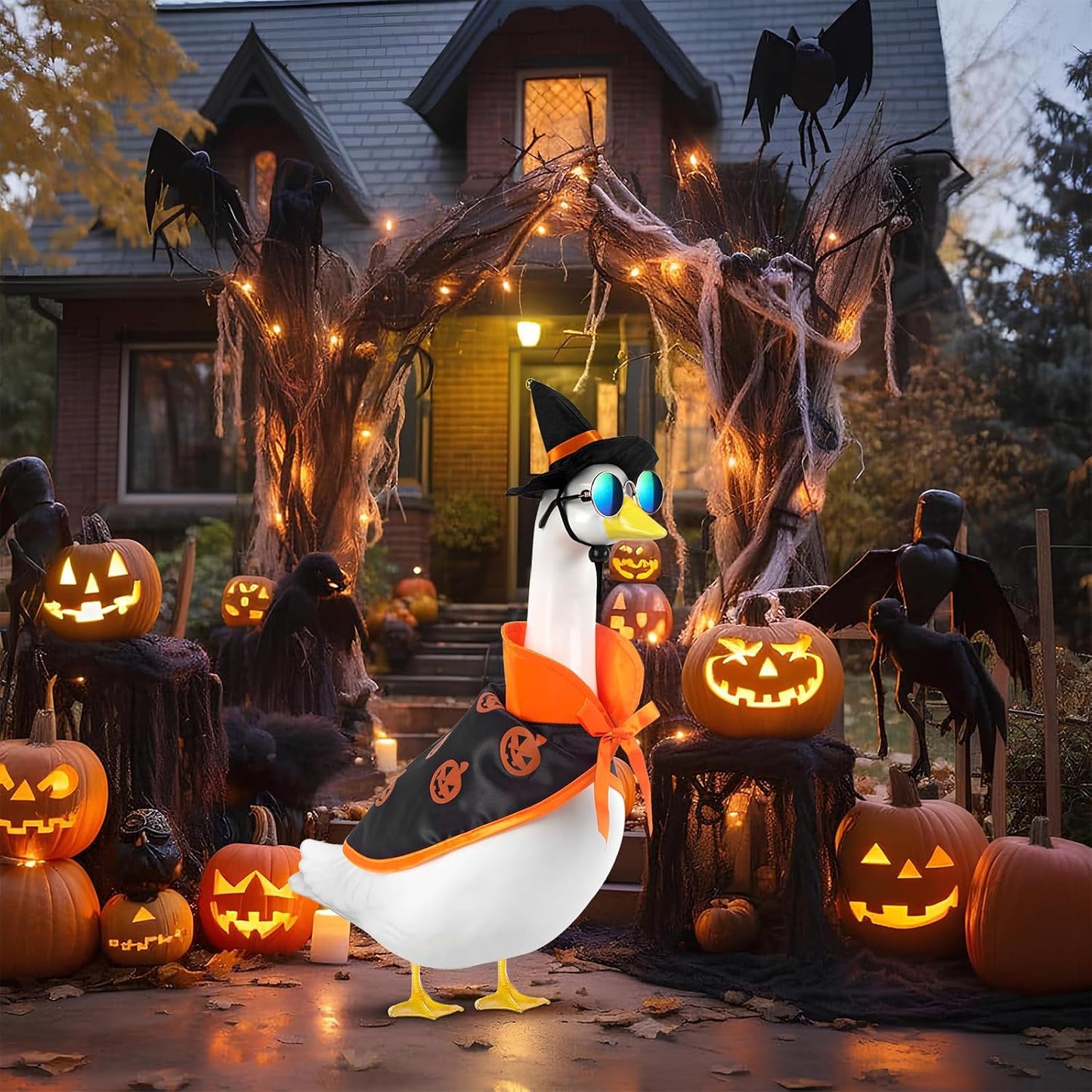 Halloween Goose Outfit and Fall Porch Goose Outfits with Hat & Sunglasses, Cement Plastic Goose Clothes Halloween Costume for 23" Geese Outdoor Patio Yard Lawn Duck Party