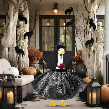 Halloween Porch Goose Outfits and Goose Clothes Fits 23" Plastic Cement Statues, Black Goose Outfit Costume with Rose Necklace for Outdoor Patio Yard Lawn Party