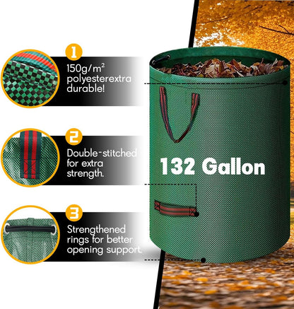 Reusable Yard Waste Bags - 2 Pack, 132 Gallon Large Yard Waste Bag with Reinforced Handles, Ideal for Grass, Leaves, and Yard Waste - Durable and Garden Waste Bags, Large Leaf Bags Stand Up.