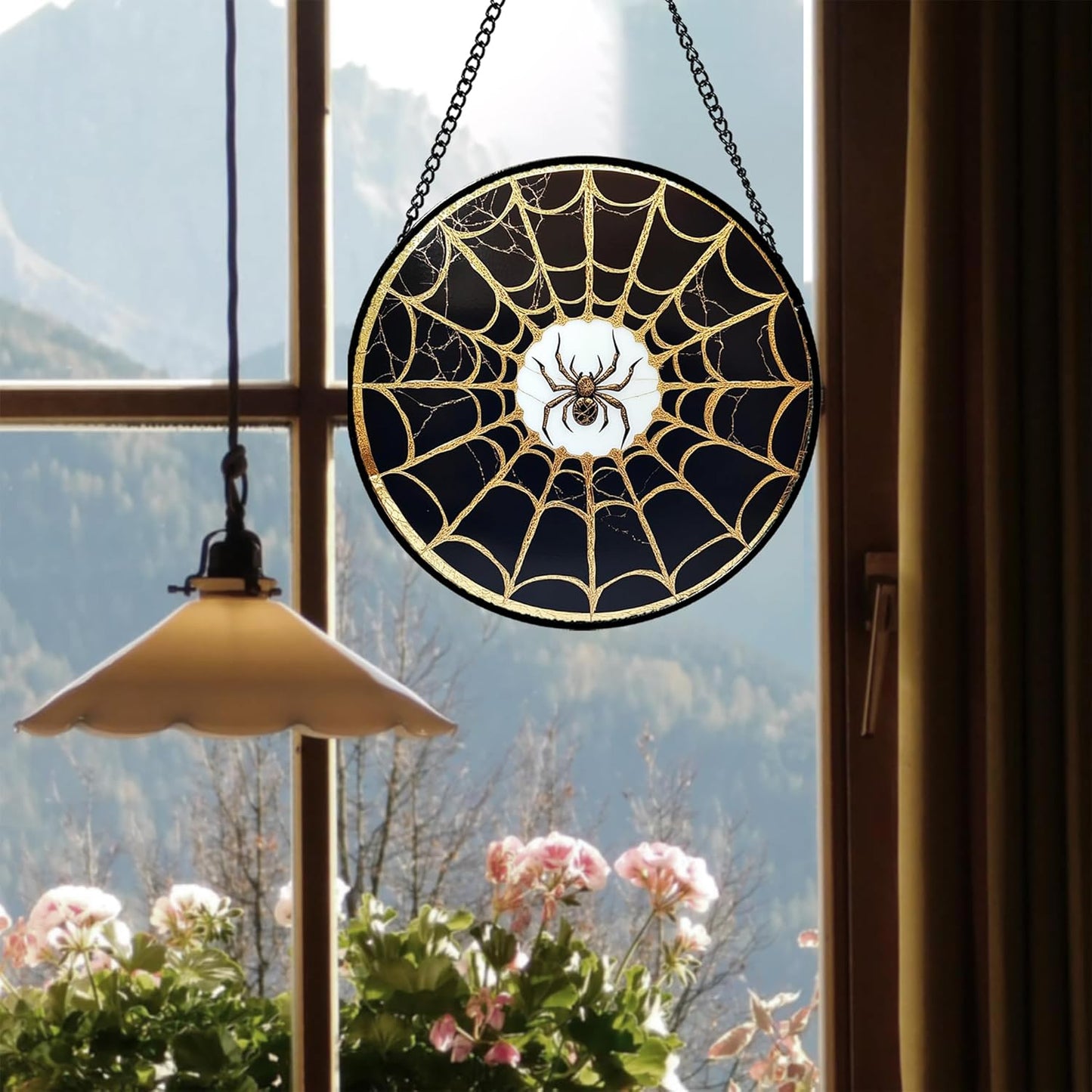 Stained Glass Window Hanging - Black Gold Spider Suncatcher for Door Terrace Garden Home Decor Halloween Sun Catcher Christmas Birthday Gifts for Lovers Women Men Dad Mom Nana 6.3 in