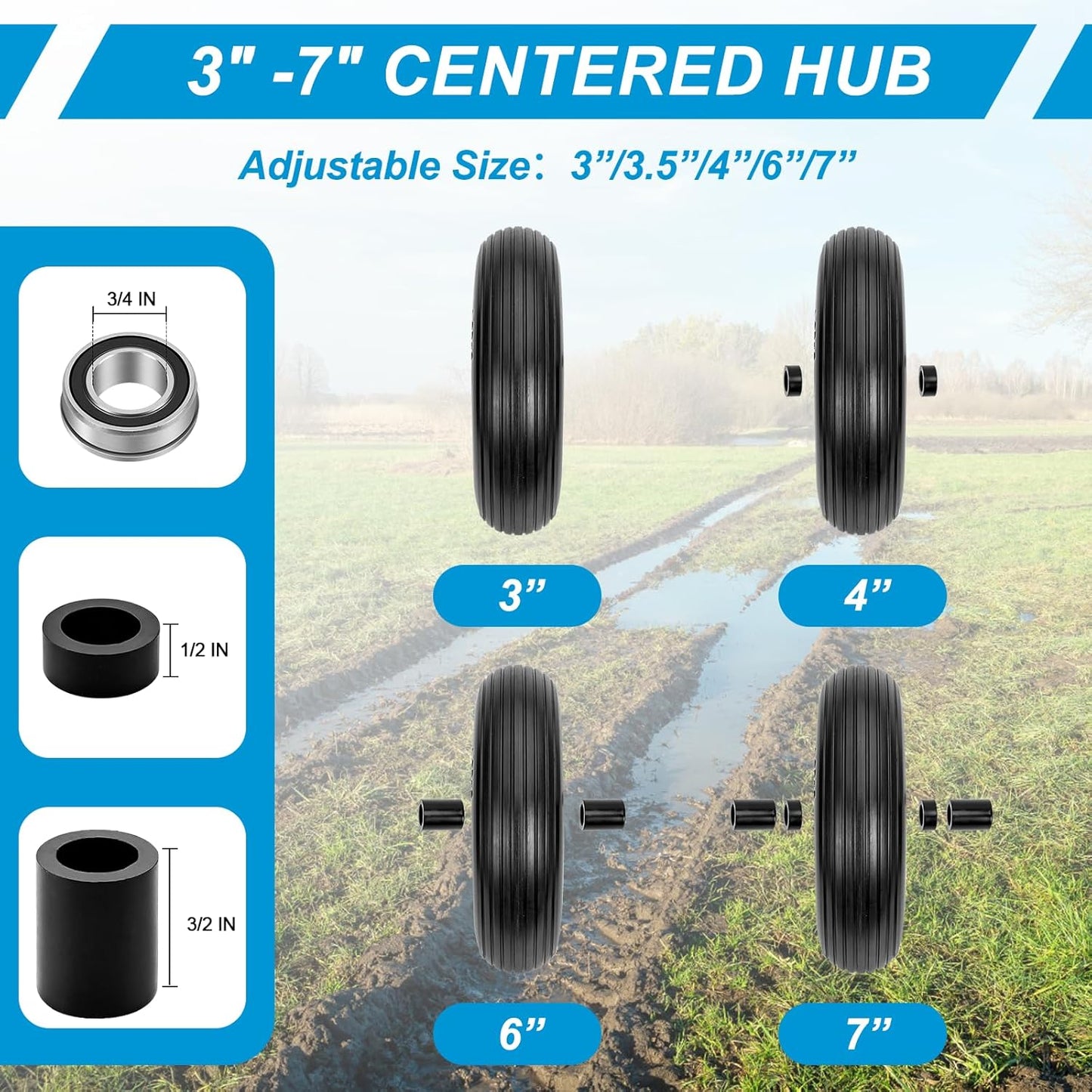 Cenipar 4.80/4.00-8" Flat Free Tire and Wheel 14.5" Solid Flat-Free Replacement Tire with 5/8" or 3/4" Axle Borehole,3-7" Adjustable Centered Hub for Wheelbarrow Hand Truck Garden Trailer and Trolley