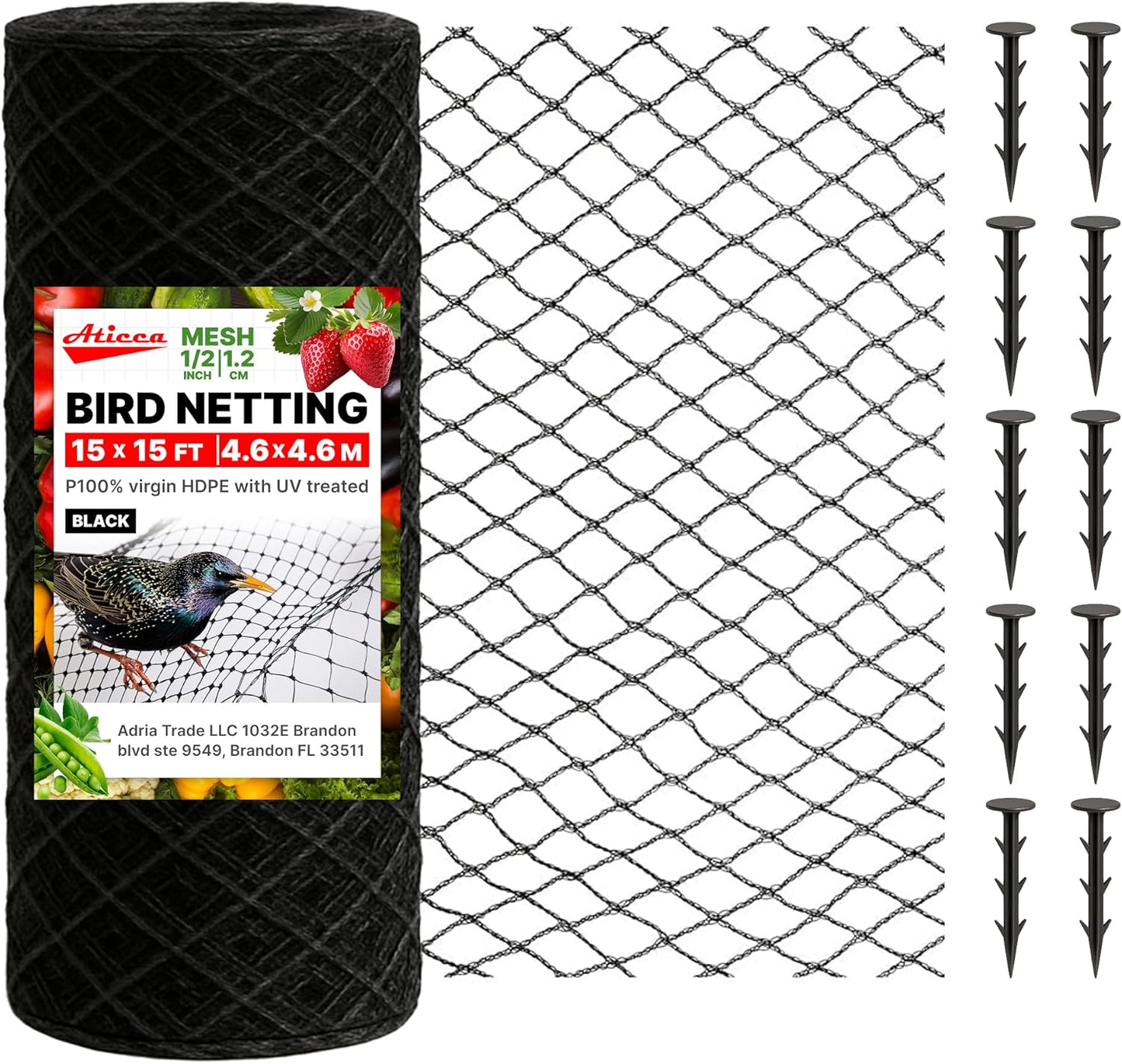 Heavy Duty Bird Netting for Garden Protection & Fruit Trees, 15x15 Ft with 10 Stakes – Black Anti-Bird Net for Poultry, Deer, & Squirrel Protection, Durable Nylon Mesh for Garden and Yard Use