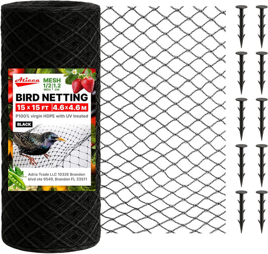 Heavy Duty Bird Netting for Garden Protection & Fruit Trees, 15x15 Ft with 10 Stakes – Black Anti-Bird Net for Poultry, Deer, & Squirrel Protection, Durable Nylon Mesh for Garden and Yard Use