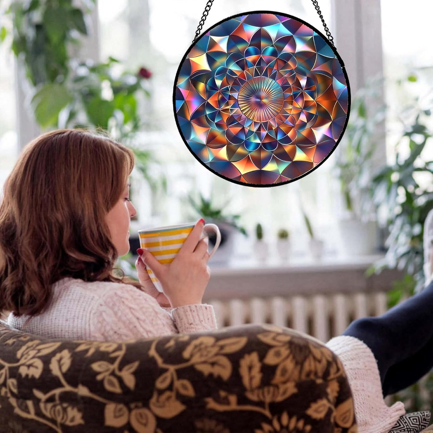 Stained Glass Window Hanging Color Gradient 9.8" - Suncatcher Door Garden Sunroom Sun Catcher Decor, Unique Housewarming Birthday for Mom Grandma Home Owner Woman