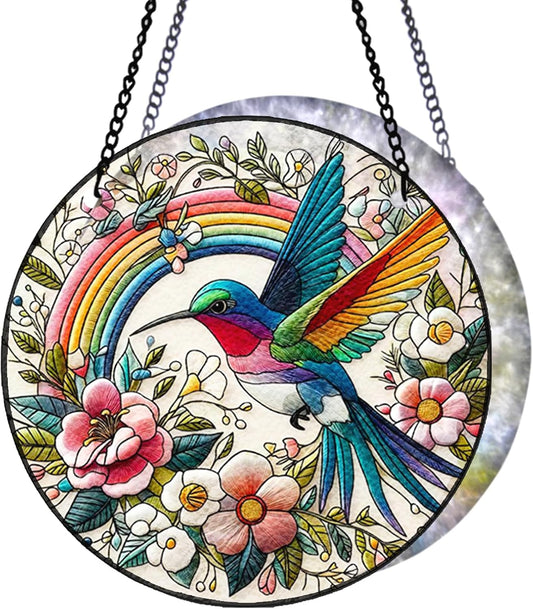 Hummingbird Suncatcher Stained Glass Window Hanging Original Design of 7.8''Hummingbirds Rainbow