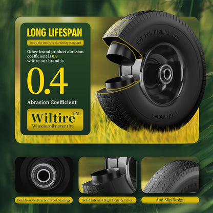 (2 Pack) 4.10/3.50-4 Flat Free Tire and Wheel 10-Inch Solid Wheel Replacement with 5/8 Extra 3/4 &1/2 Bearings,2.2" Offset Hub -Compatible with Hand Truck,Wheelbarrow(Wave,Black)