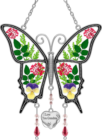 KY&BOSAM Butterfly Suncatcher I Love You Grandma Unique Grandma Gifts with Pressed Real Flower Stained Glass Hangings for Window Wind Chimes Ornament Brithday Gifts for Women Mothers Day Christmas