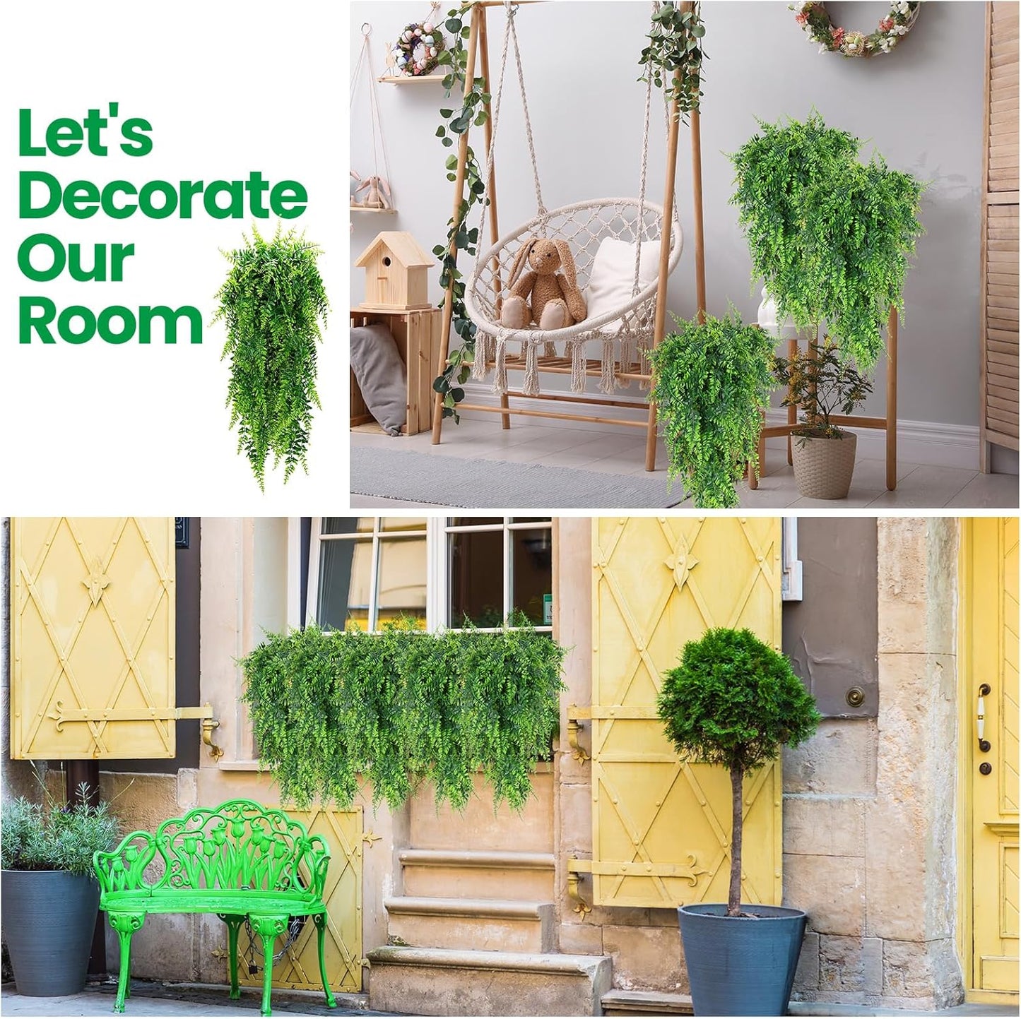 Geosar 48 Pcs Artificial Hanging Plants 32 Inch Hanging Boston Ferns Plastic Fake Plants for Wall Room Garden Wedding Garland Indoor Outdoor Decoration, No Basket