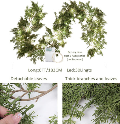 RECUTMS Mantle Garland 6FT Garlands with Lights 30 LED Strings Fake Hanging Plants Greenery Outdoor Wreath Plant Classic Leaves Soft Plastic for Arch Porch Wall Wedding (Green Light S)