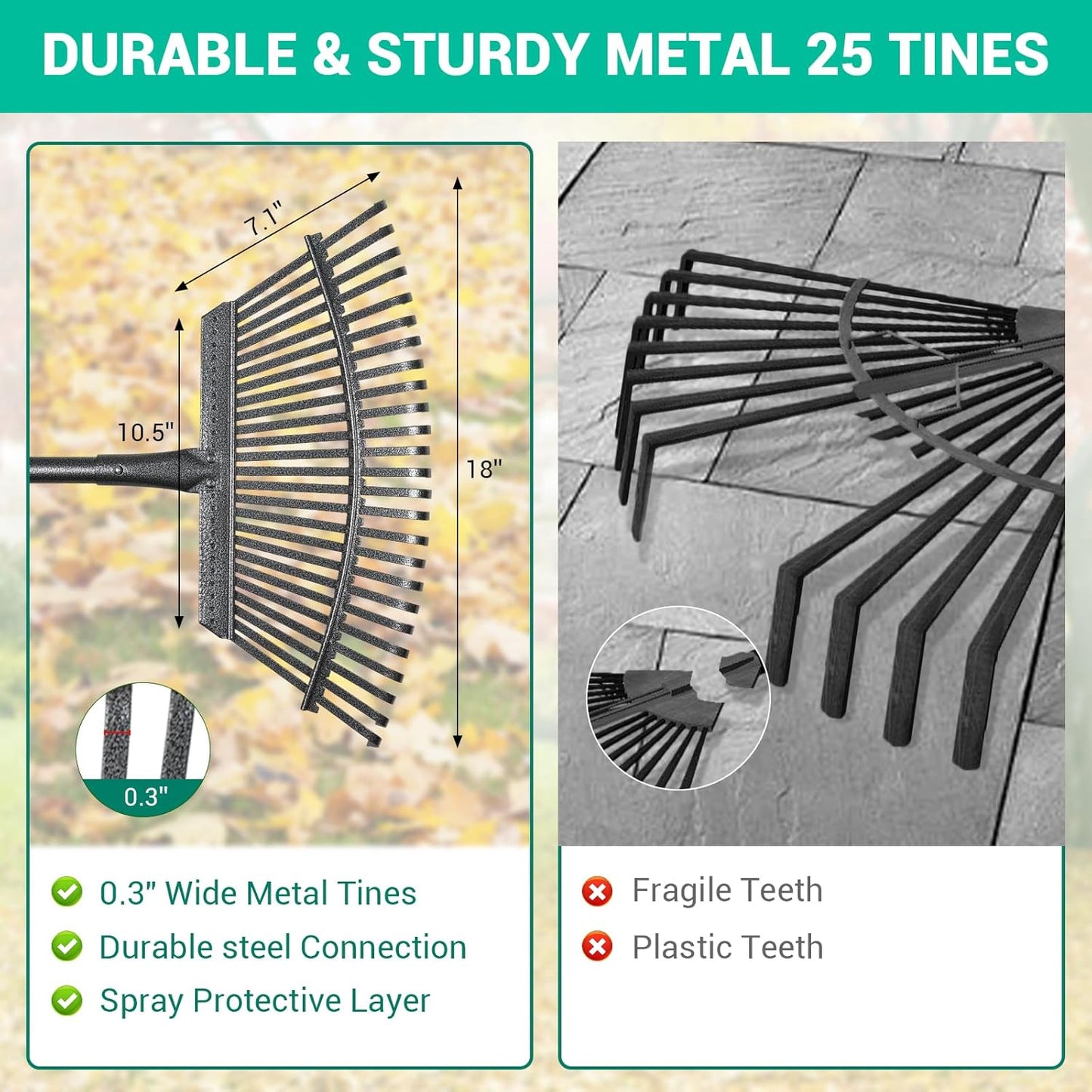 Adjustable Garden Rake for Leaves 36-73" Long Handle, 18" Wide, Heavy Duty with 25 Metal Tines ，Includes 32Gallon Leaf Bags，Designed for Lawns, Grass, Shrubs ，Flower Beds