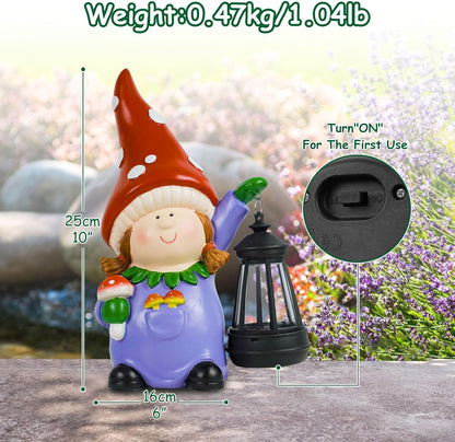 Gnome Statue Garden Ornaments Art Outdoor Decoration with Solar Powered LED Lights Decor for Patio,Balcony,Yard, Mum Birthday Gifts, Garden Gifts for Women
