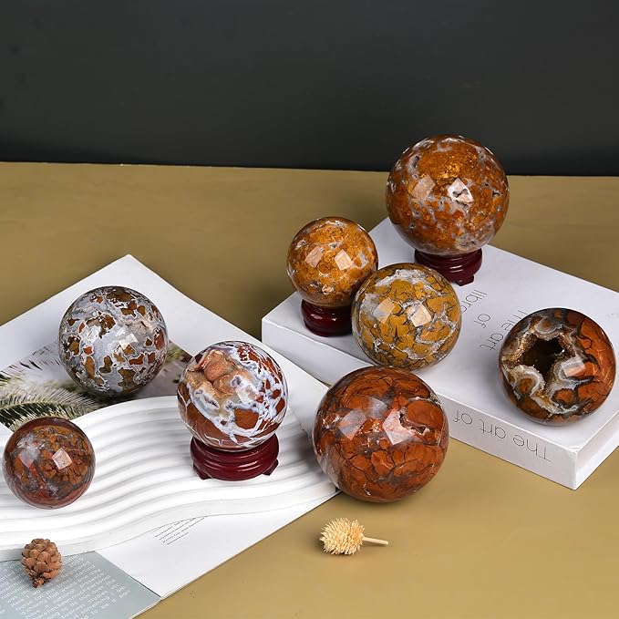 JIC Gem Yellow Agate Crystal Ball Sphere Yellow Healing Crystal Gemstone Ball with Display Stand Home Decor Meditation Grid Energy Balance (50-60mm)