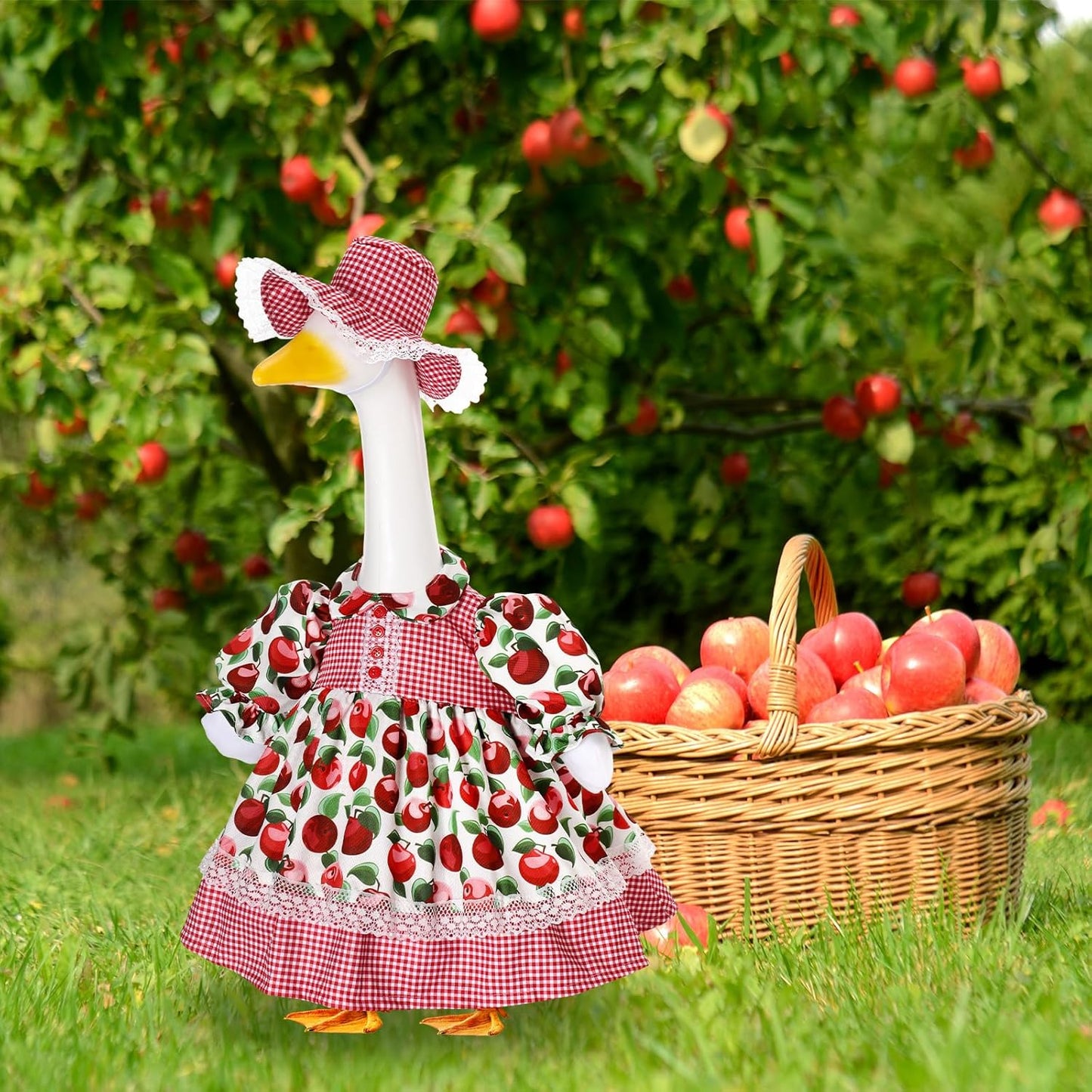 Lolita Goose Outfit Set for 23'' H Plastic Porch Cement Statue Cute Lolita Skirt Fall Spring Summer Goose Costume for Indoor Outdoor Yard Lawn Patio Art Decor(Apple)