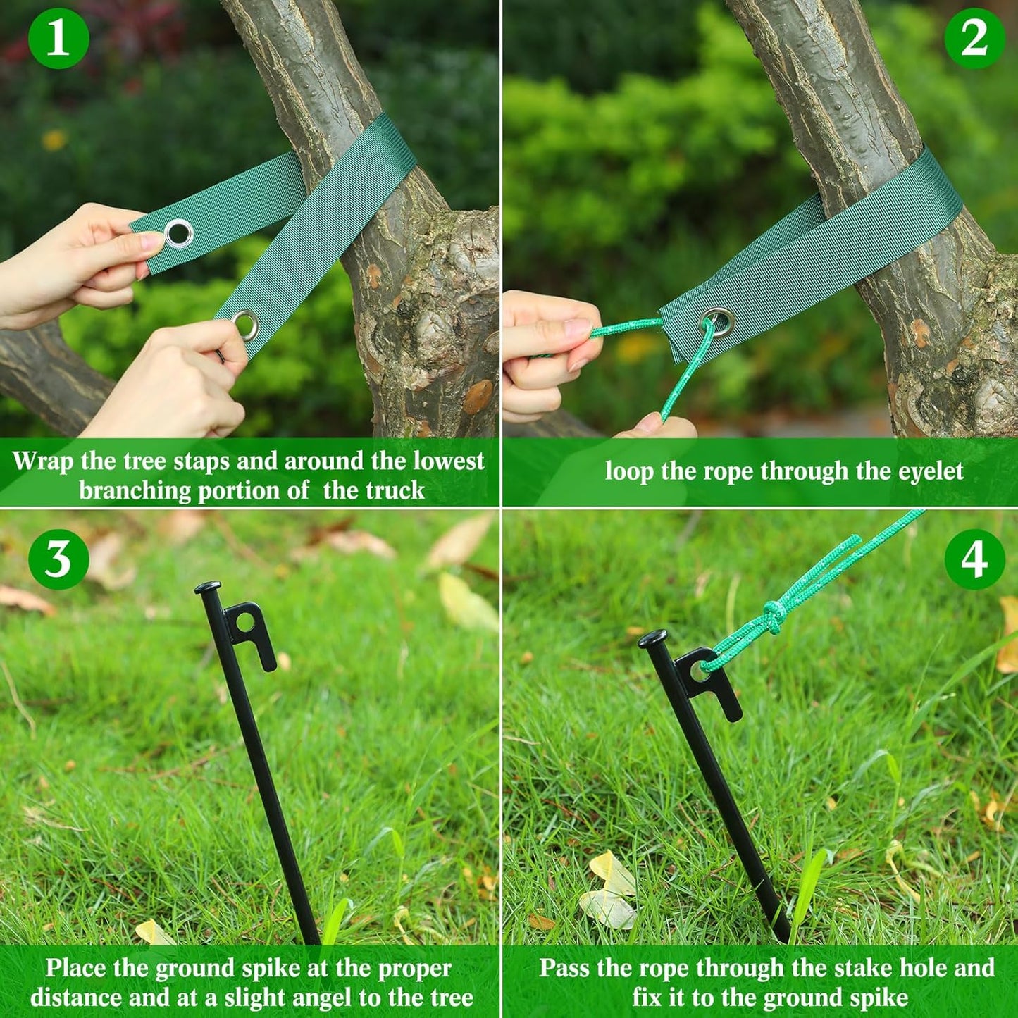 Sintuff 36 Pcs Heavy Duty Tree Stake Kits Stake and Support for Young Leaning Tree Anchor Straightening Kit, 15.8'' Support Straps, 11.8'' Steel Stakes, 13.12ft Rope(Green)