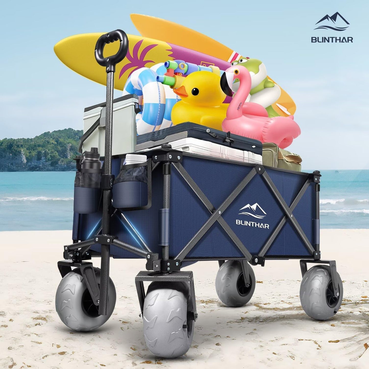 Beach Wagon with Big Wheels for Sand, Heavy Duty Harder Sand Collapsible Folding Wagon with All-Terrain 9" Pneumatic Ballon Tires, Utility Wagon for Garden Sports Camping Outdoor Activities