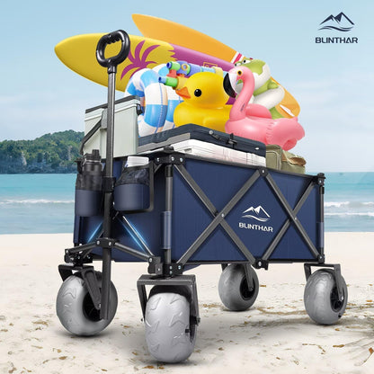 Beach Wagon with Big Wheels for Sand, Heavy Duty Harder Sand Collapsible Folding Wagon with All-Terrain 9" Pneumatic Ballon Tires, Utility Wagon for Garden Sports Camping Outdoor Activities