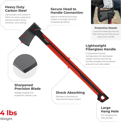 INTERTOOL 28” Chopping Axe, Tree Felling Ax Tool, Deeper Cuts, Wood Splitting, Kindling, Camp, Firewood, Survival, Shock Absorbing Anti-Slip Grip Handle, Sheath, Storm HT08-0296