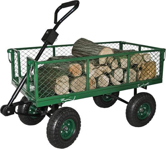 Backyard Expressions Heavy Duty 600 Lbs Capacity Mesh Steel Garden Cart Folding Utility Wagon with