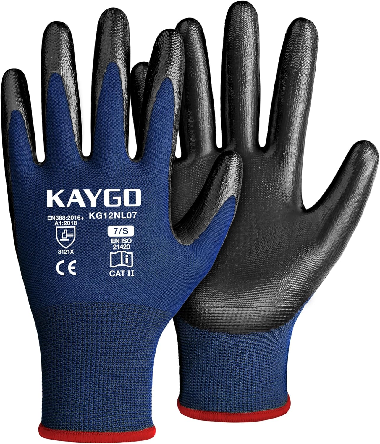 KAYGO Work Gloves Nitrile Coated, 12 Pairs KG12N，Seamless Knit, Protective Safety Work Gloves with Good Grip for General Work,Blue, S
