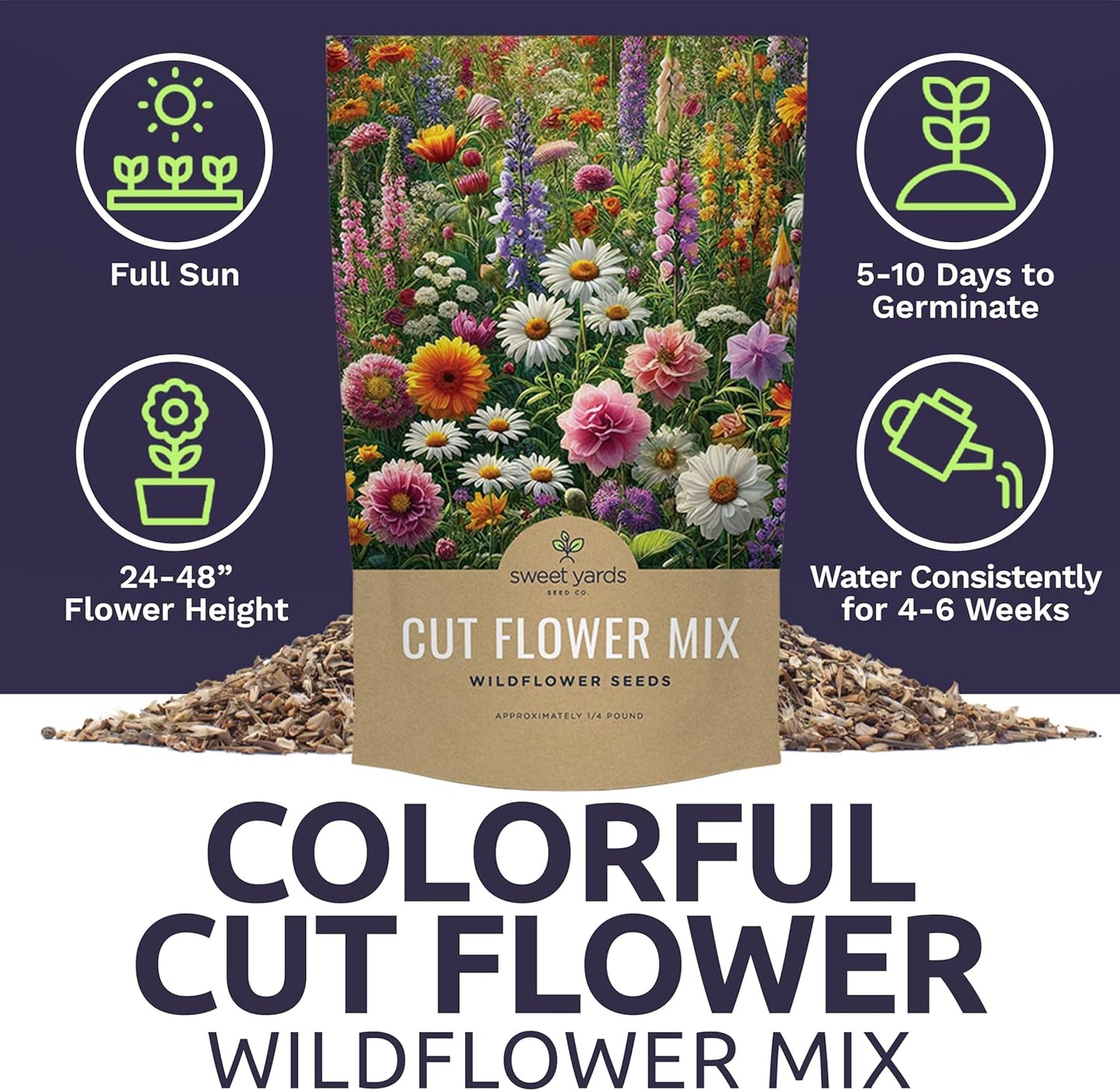 Cut Flower Garden Seeds - Bulk 1/4 Pound Bag - Over 30,000 Fresh Open Pollinated Non-GMO Wildflower Seeds - Long Lasting Annuals and Perennials with Bright Colors