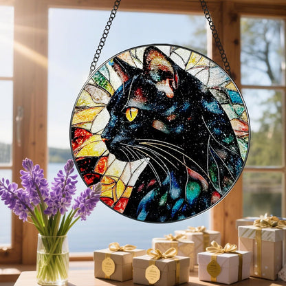 8″ Stained Glass Window Hanging Ornament, Black Cat Stained Glass Suncatcher Ornament, Sun-Catcher Window Decor | Gifts for Cat Lovers, Pet Lover Gift