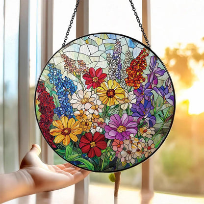 Colorful Wildflowers Suncatcher -7.9 in Stained Glass Window Hanging Sun Catcher Garden Decor