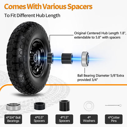 13" Flat Free Tire and Wheel,4.00-6 Wheelbarrow Wheels and Tires with 5/8" or 3/4" Bearings, 13"Solid Tires Replacement for Wheelbarrow, Gorilla Cart, Hand Trucks, Garden Carts 4 Pack