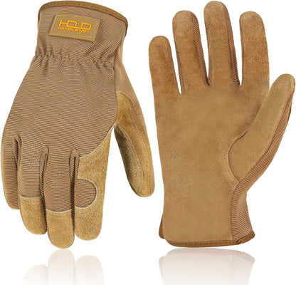 HANDLANDY Men Leather Gardening Gloves, Utility Work Gloves for Mechanics, Construction, Driver