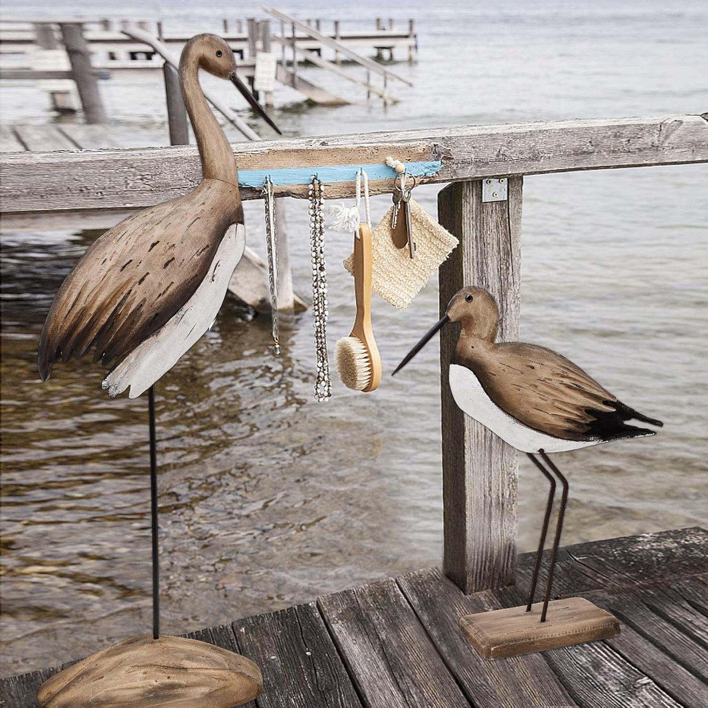 Morning View Wooden Sea Birds Decor Wood Seagull Statue Bird Figurines Seabird Statue Standing Seagulls Decorations Coastal Sculpture Nautical Beach Ocean Home Table Garden Yard Lawn Outdoor 11.5 Inch