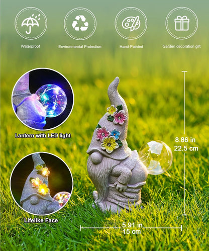 Funny Garden Gnome Statue with Lights, Outdoor Sculpture Decor for Home Yard Lawn Porch Balcony Patio,Gardening Gifts for Women Mom Grandma