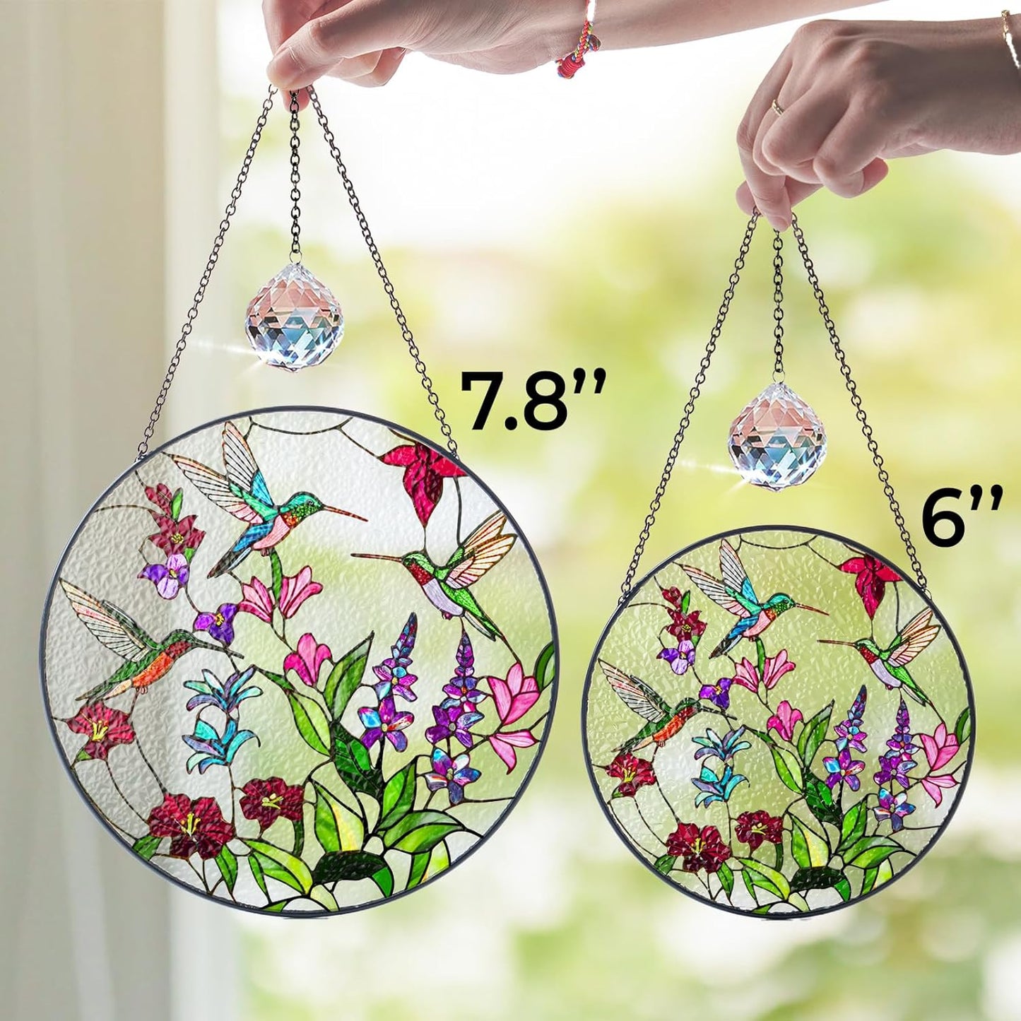 6" Green Hummingbird Stained Glass Suncatchers, Bird and Flowers Art Glass for Sun Catcher Indoor Window Gift for Animal Nature Floral Bird Lovers Women Mom Friend Painted Panel Décor BIRD-18B-SG6