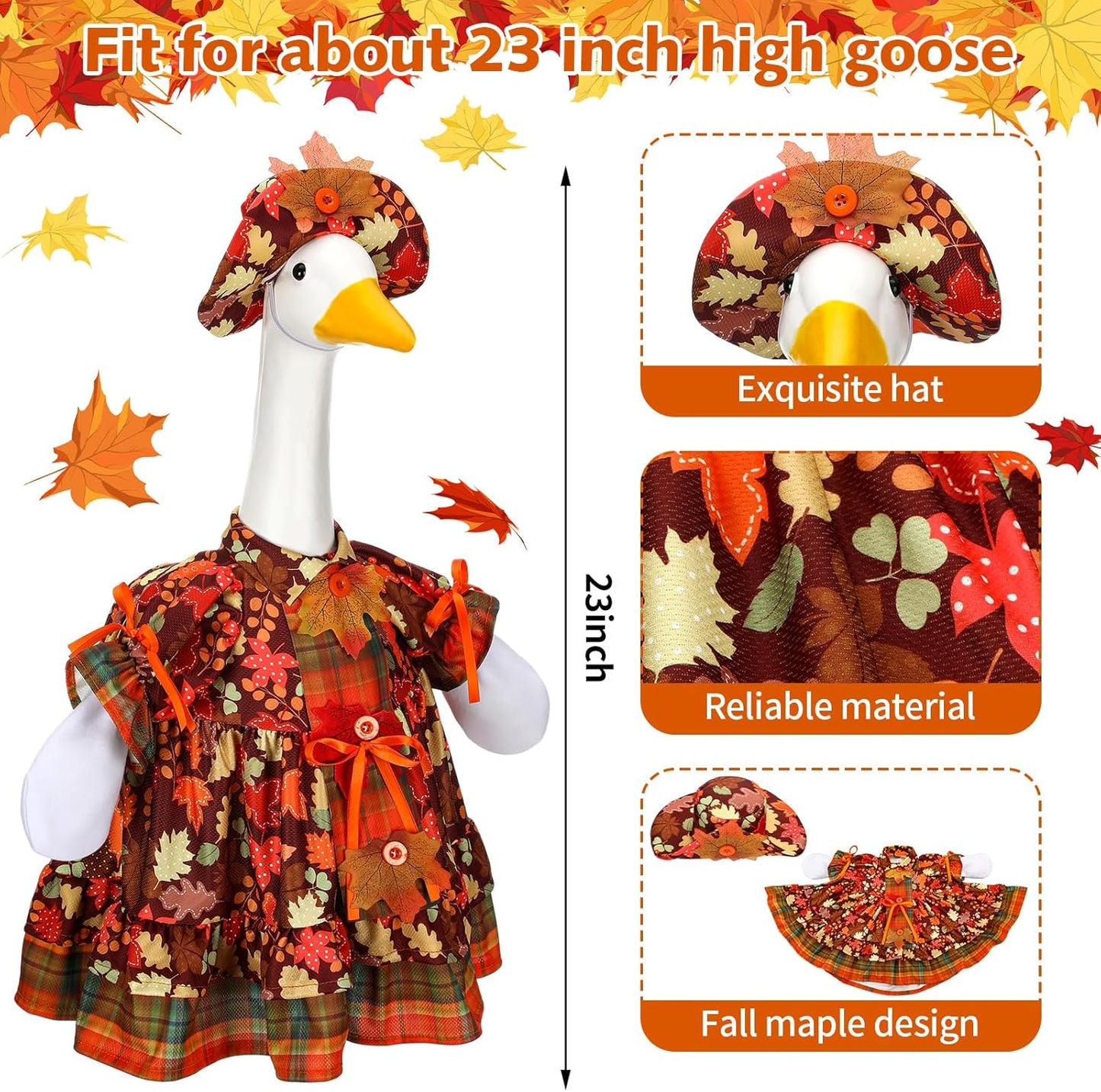 Suzile Autumn Goose Outfit Fall Maple Dresses Clothes for 23" High Cement or Plastic Porch Goose Costume for Yard Lawn Outdoor Garden Patio Statue Thanksgiving Party Xmas Holiday Decor