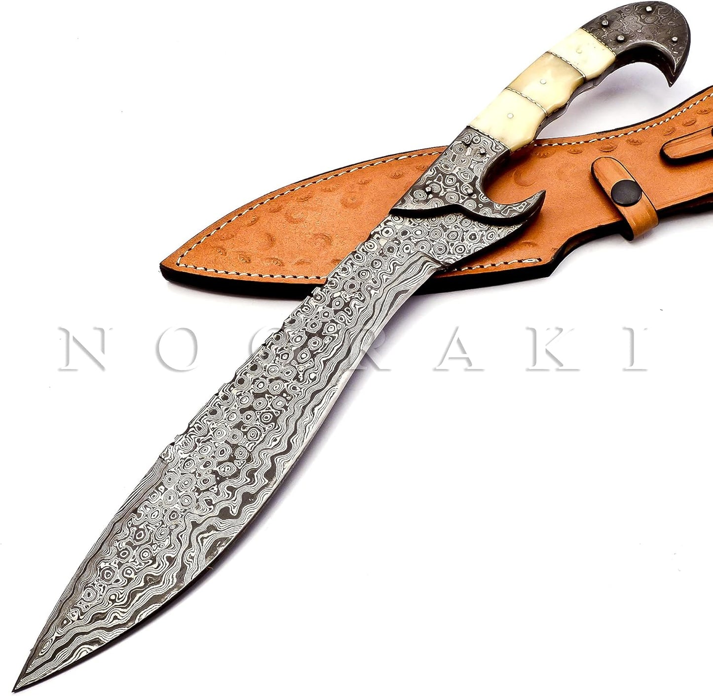 Nooraki MK-2007 Handmade Damascus Steel Fixed Blade Machete/Kukri Knife with Leather Sheath, Full Tang Multipurpose Knife with Camel Bone Handle for Hunting, Hiking, Camping, Survival, 18" Length
