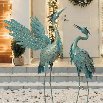 Crane Statues for Outdoor, Metal Heron Garden Statues Bird Yard Art, Standing Sculptures for Yard Lawn Pond Garden Decor, 38-42 Inch Set of 2, Cyan