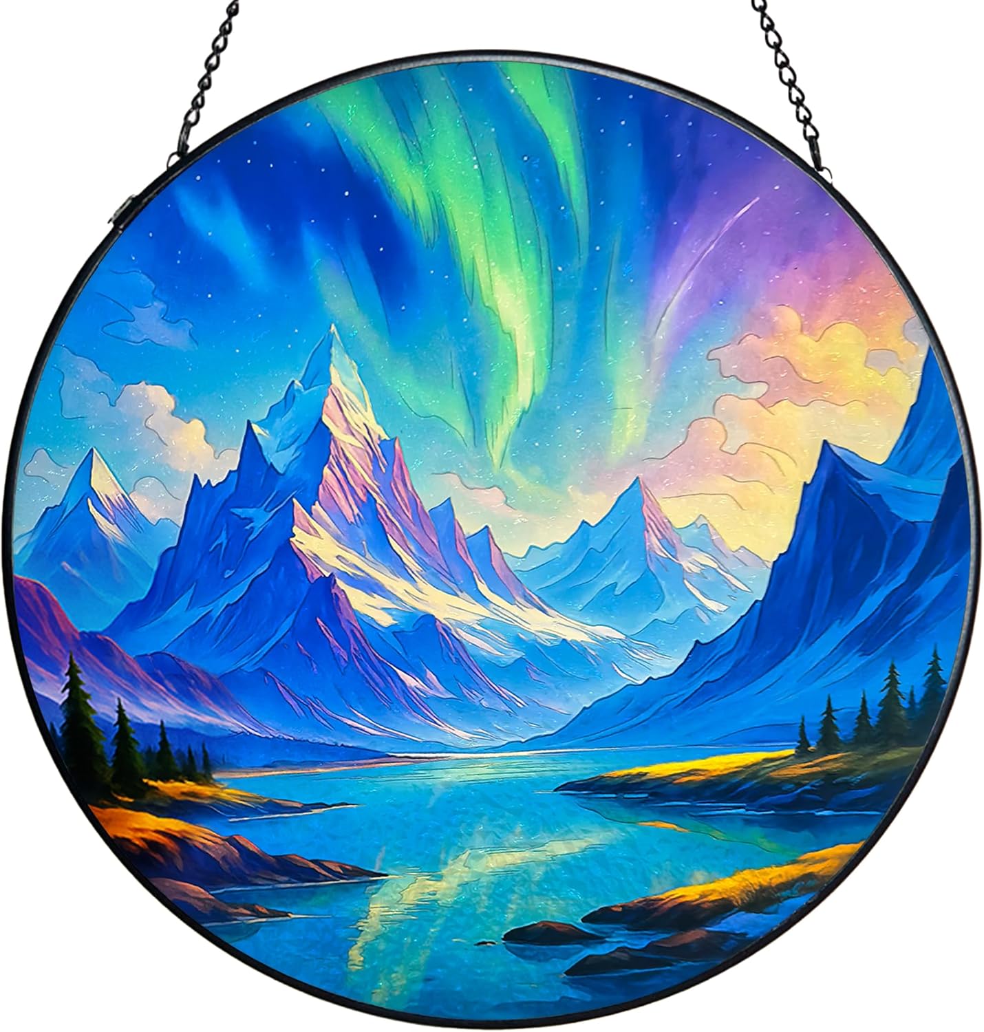 Stained Glass Window Hanging,Winter Aurora Sun Catchers Stained Glass Panels for Indoor Windows Wall Art Decor, Birthday Gift for Mom Women Wife Men Lovers (7.87inch)