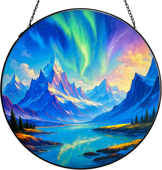 Stained Glass Window Hanging,Winter Aurora Sun Catchers Stained Glass Panels for Indoor Windows Wall Art Decor, Birthday Gift for Mom Women Wife Men Lovers (7.87inch)