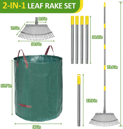 Garden Leaf Rake Set with 25 Tines, Heavy Duty Metal Rake for Leave (Adjustable 73" Long, 18" Wide) with 32 Gallon Reusable Leaf Bag, Ideal for Yard Lawn Shrub Gardening