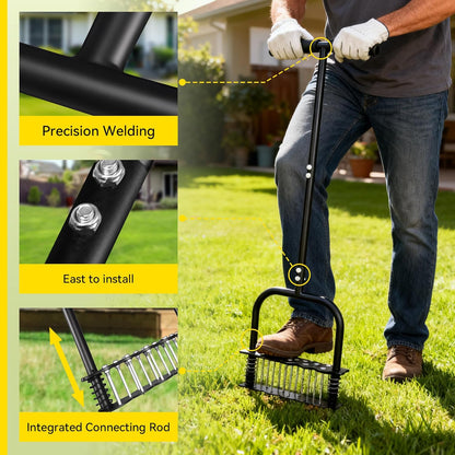 Upgraded Lawn Aerator Tool with 14 Steel Spikes, Hand Grass Aerator Spike Tool Manual Lawn Aerators with Spring-Loaded Design&Automatic Leaf and Dirt Cleaning for Yard, Garden Black