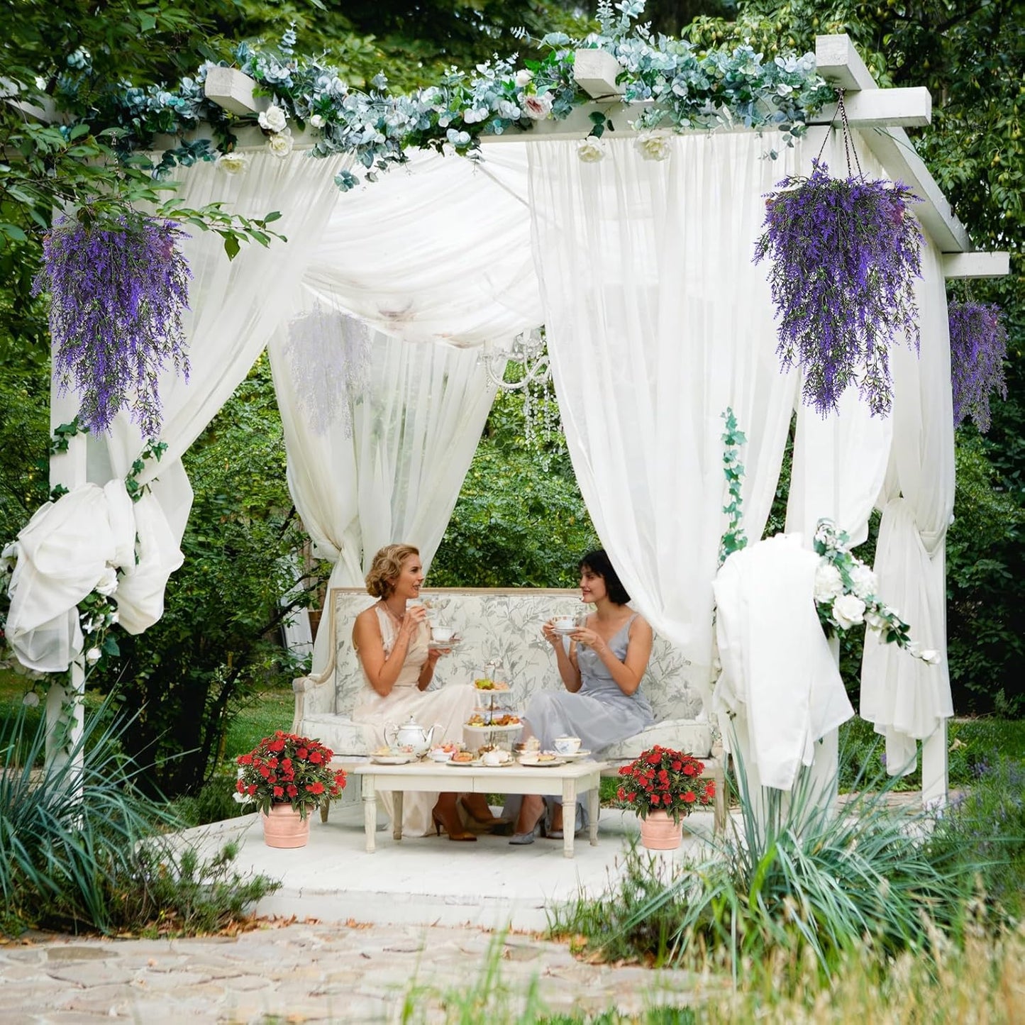 SJL Hanging Flowers Fake Hanging Plants Artificial Greenery UV Resistant Artificial Outdoor Plants Lavender Flower Faux Vines Fake Ivy Greenery for Bathroom Home Wall Bedroom Office Decor (Purple)
