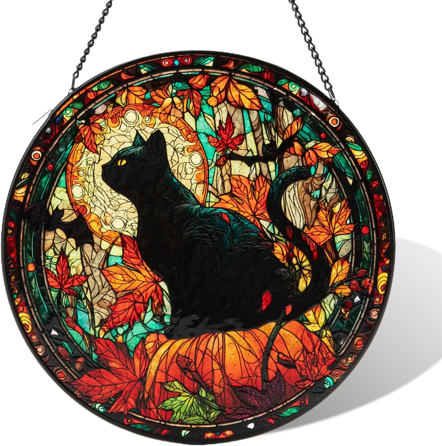Stained Glass Window Hanging, Halloween Decorations Black Cat Maple Leaf Suncatcher for Doors Garden Indoor Funny Spooky Sun Catchers Gothic Decor for Women, Men, and Mom 8 in