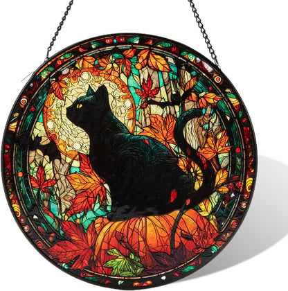 Stained Glass Window Hanging, Halloween Decorations Black Cat Maple Leaf Suncatcher for Doors Garden Indoor Funny Spooky Sun Catchers Gothic Decor for Women, Men, and Mom 8 in