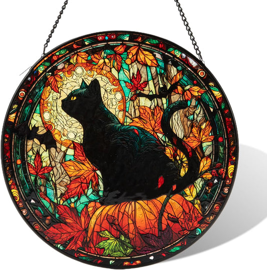 Stained Glass Window Hanging, Halloween Decorations Black Cat Maple Leaf Suncatcher for Doors